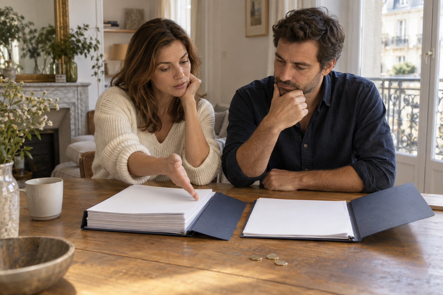Couple comparant des dossiers de prêt personnel à domicile