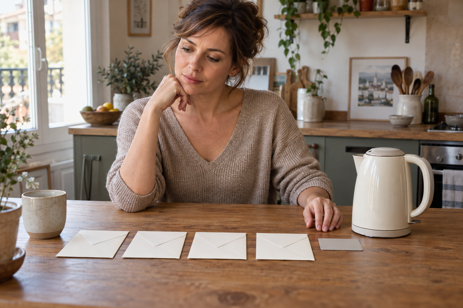 Femme comparant plusieurs échéances de paiement à domicile