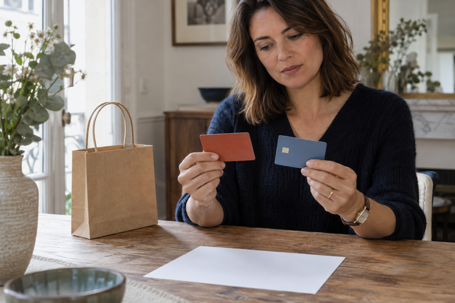Femme comparant deux cartes de paiement après un achat
