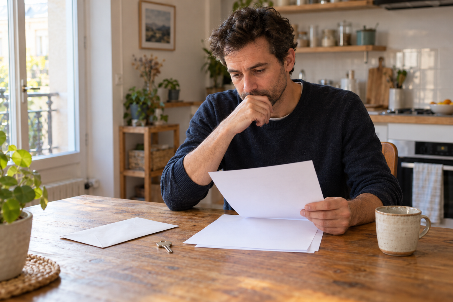Homme examinant un courrier après une perte d’emploi