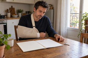 Emprunteur en arrêt de travail examinant son contrat d’assurance