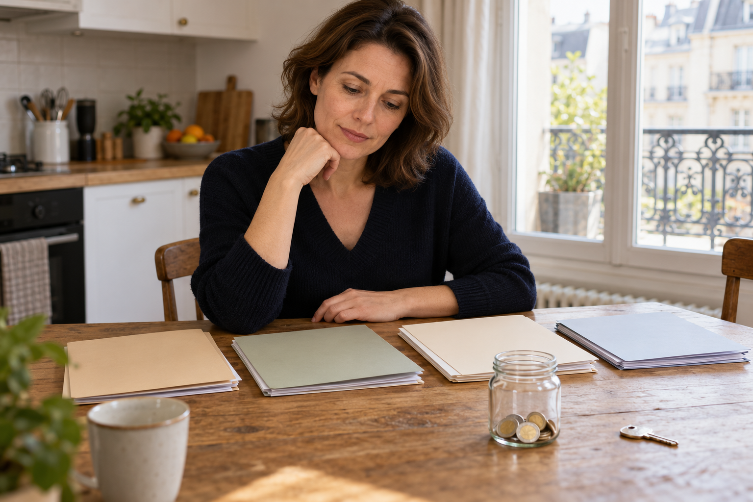 Femme classant plusieurs dossiers de crédits et des économies
