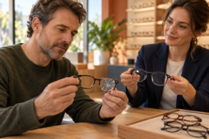 Opticien comparant des lunettes cassées et une monture de remplacement