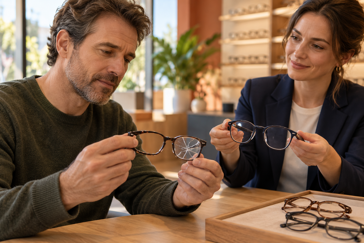 Opticien comparant des lunettes cassées et une monture de remplacement