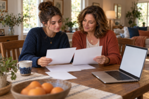 Étudiante et sa mère vérifiant des documents de mutuelle