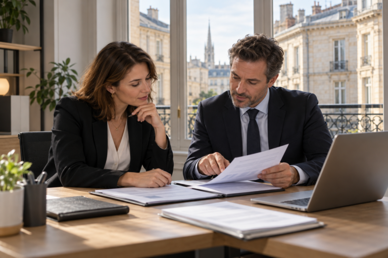 Courtiers en assurance examinant des dossiers dans un bureau bordelais