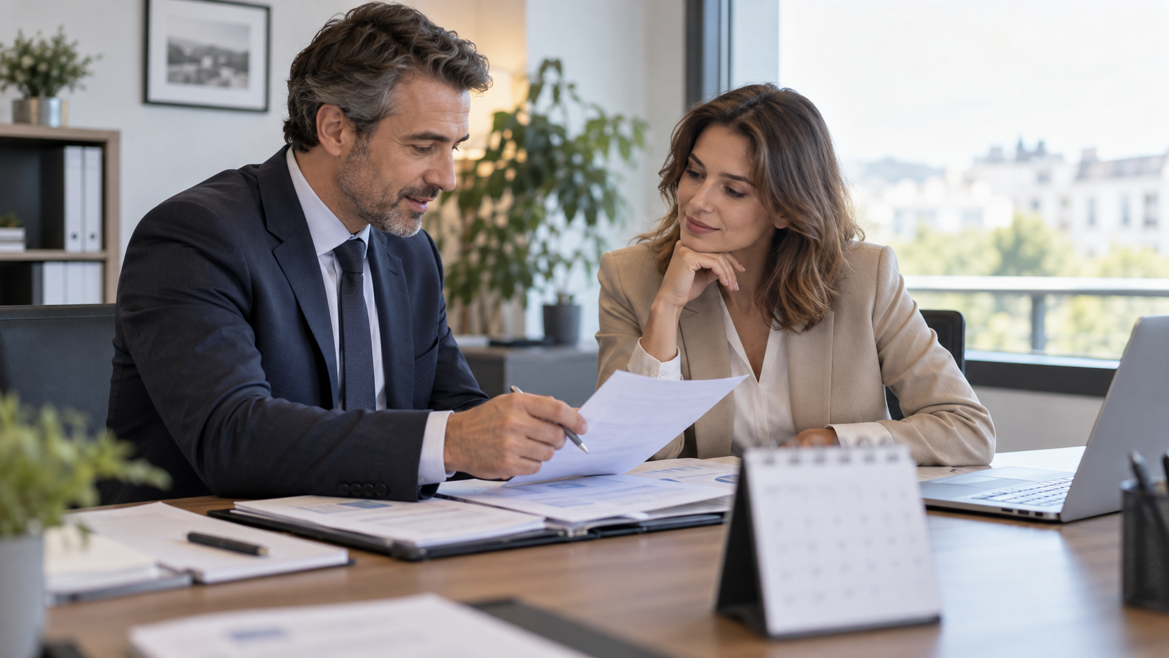 Deux professionnels de l’assurance examinent un dossier contractuel dans un bureau.