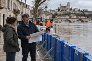 Habitants consultant une carte près de protections contre une inondation