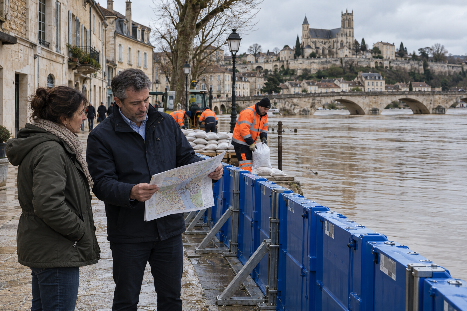 Habitants consultant une carte près de protections contre une inondation
