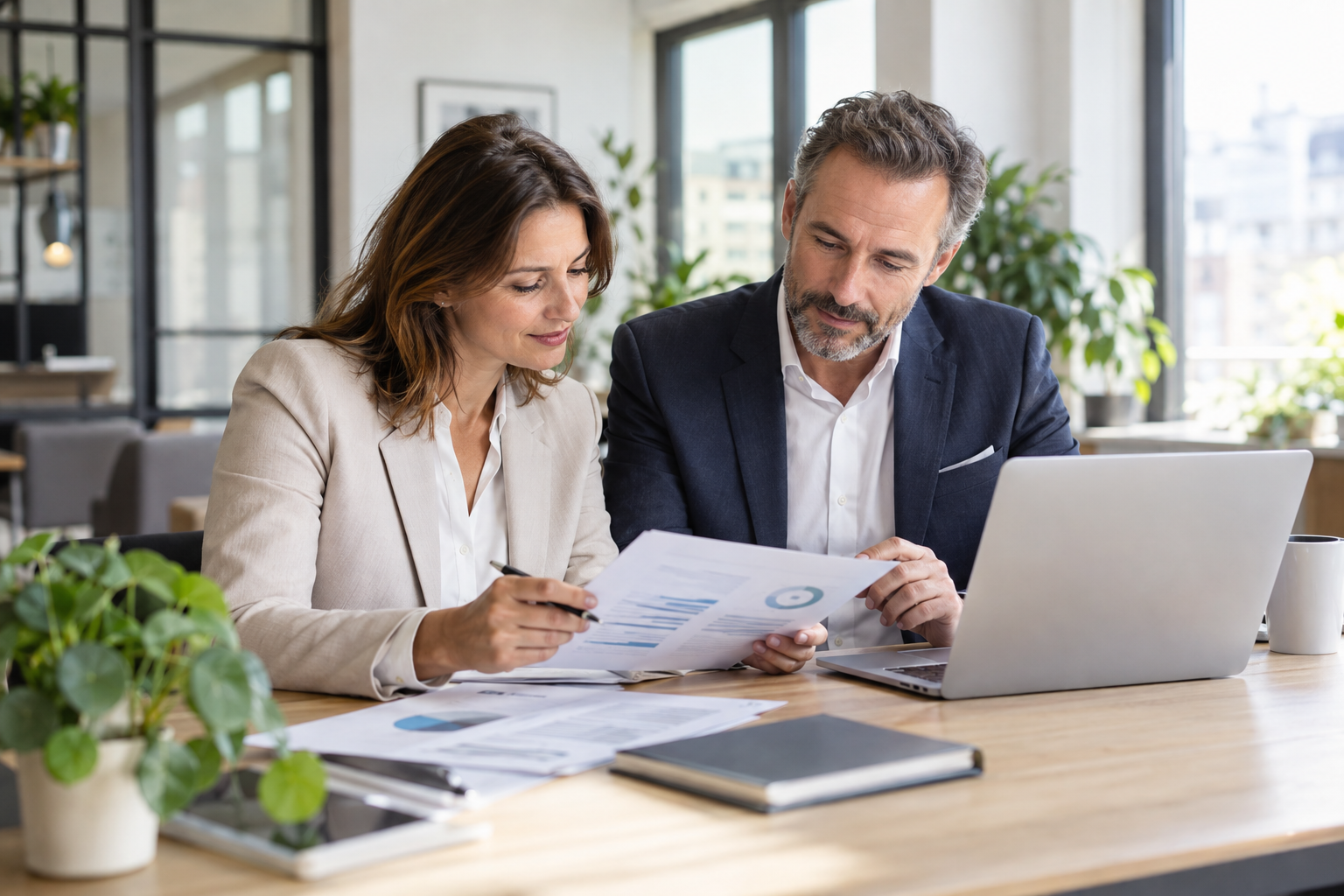 Entrepreneure et conseiller examinant un dossier de financement dans un bureau