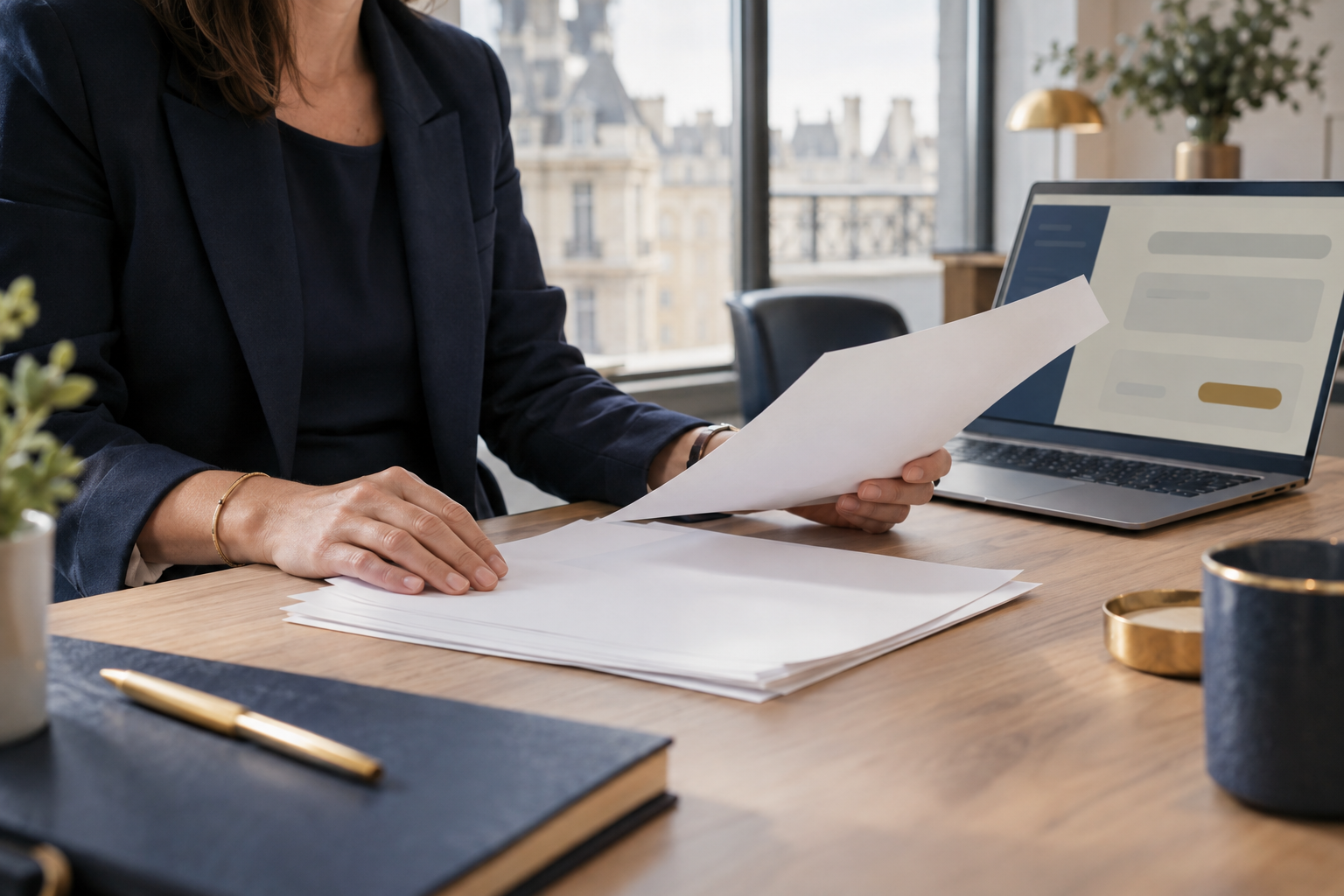 Une personne examine des documents administratifs à côté d’un ordinateur dans un bureau lumineux.